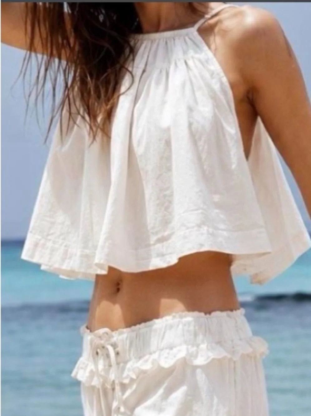 Free People White Crochet-Trim Spaghetti Straps Tank Size Small EUC